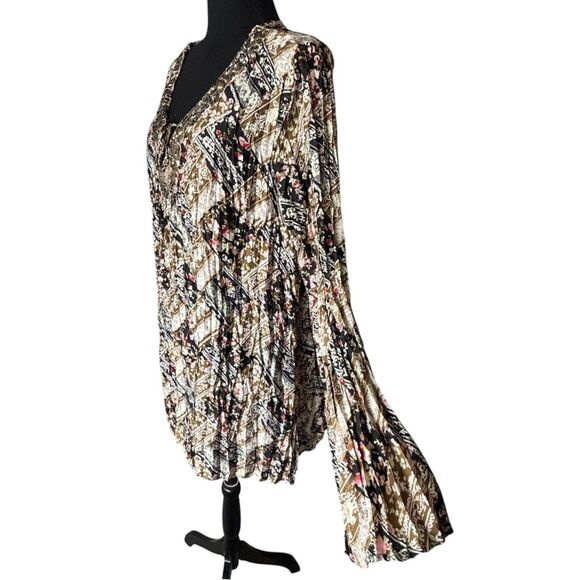 Cato Tunic Top Brown Boho Floral Crinkle Stretch Embellished VNeck - Picture 3 of 11